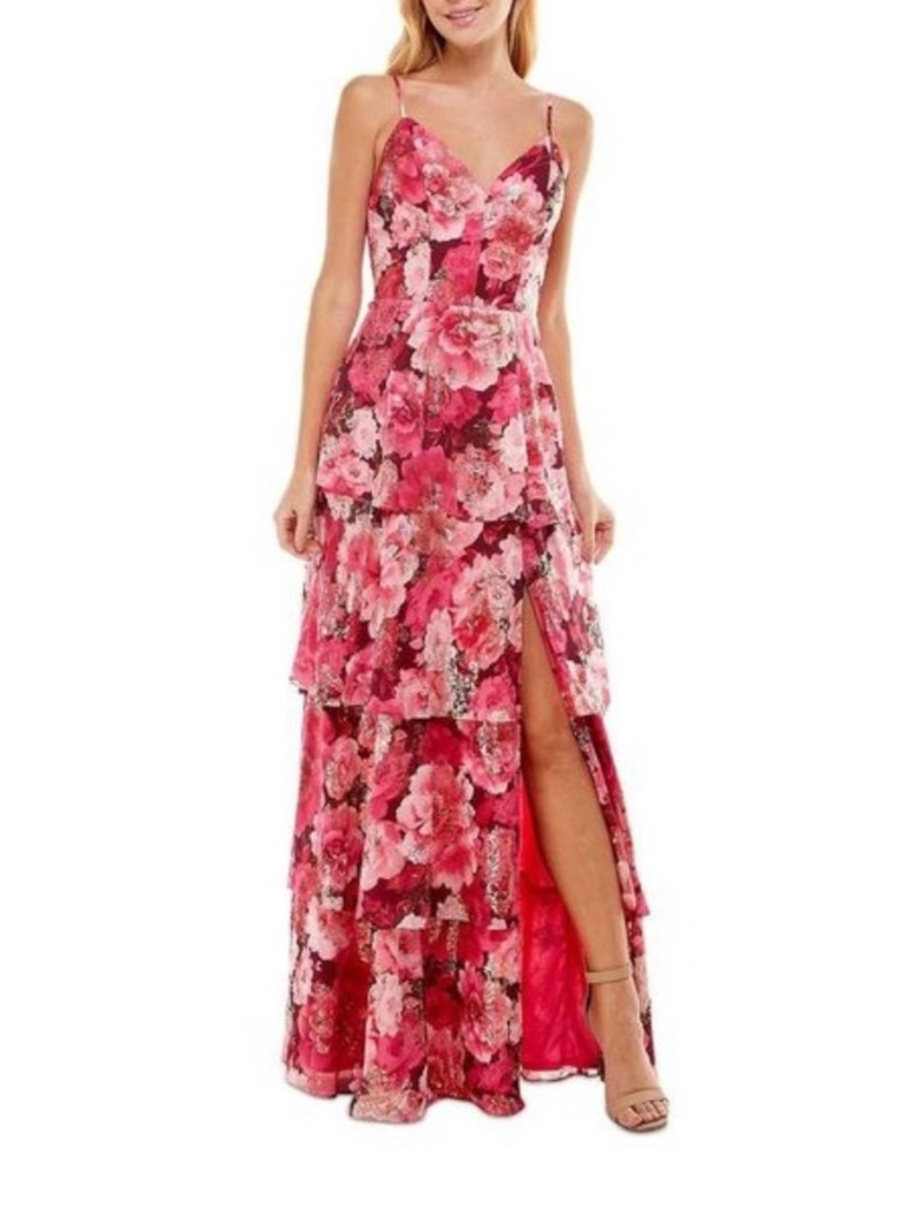 Pink, Red, Gold Floral Tiered Spaghetti-Strap Maxi Dress with Side Slit Sz L